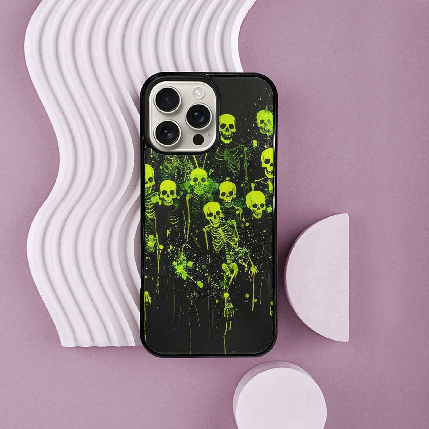iPhone 16 Pro Max Case — Skeletons Neon Green Glow Skeletons Pattern, Custom Phone Case