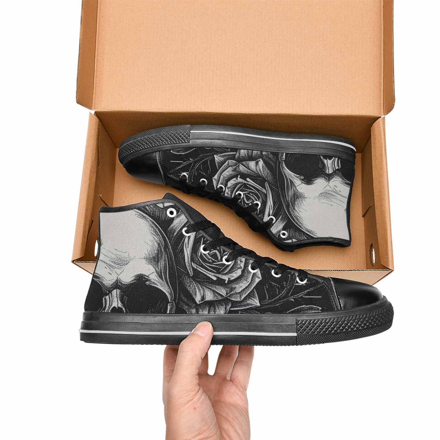 MEN'S Skulls Roses Black Ink High Top Canvas Neon Fantasy Custom Sneakers