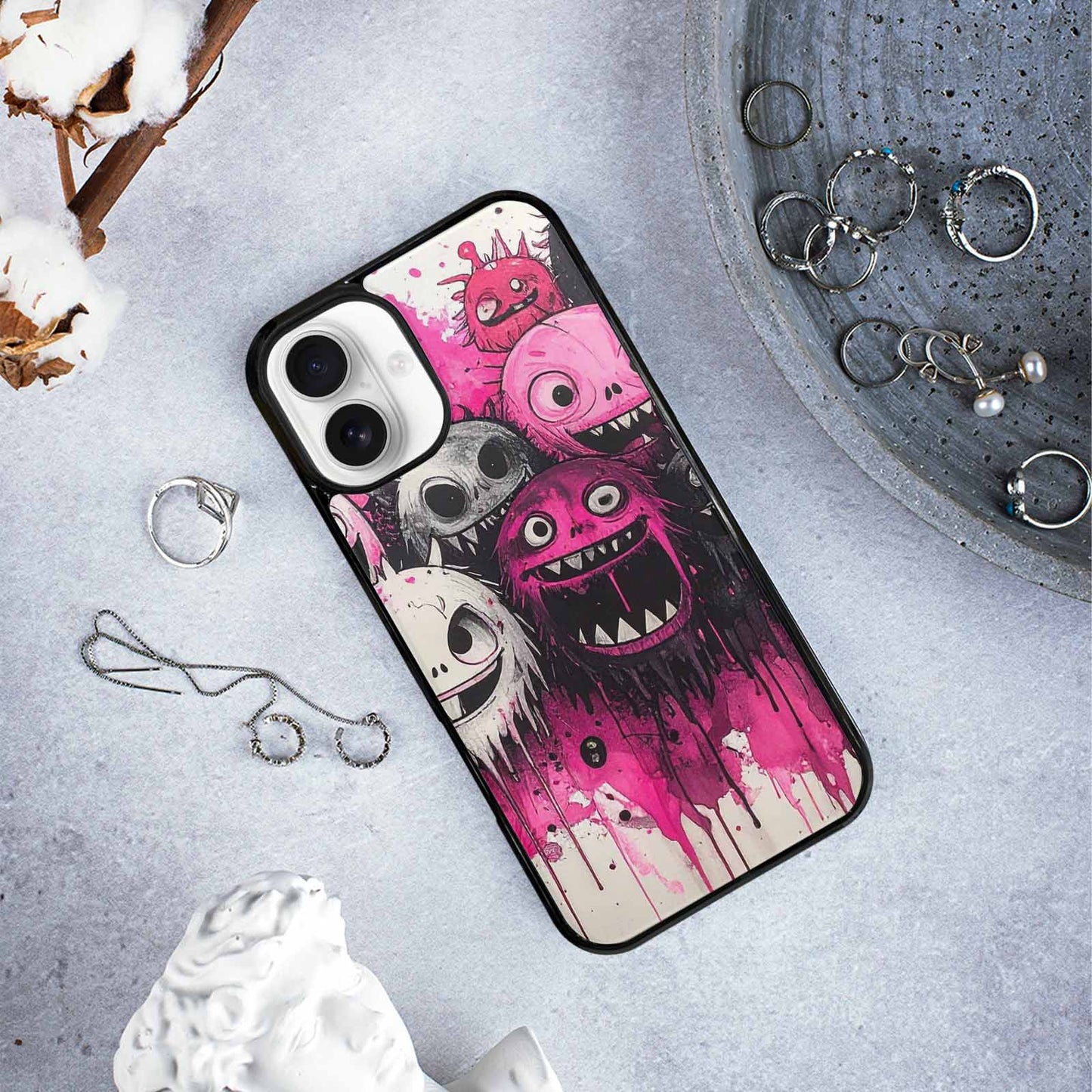iPhone 16 Plus Case — Monsters General Black Pink Ink Cartoon, Custom Phone Case