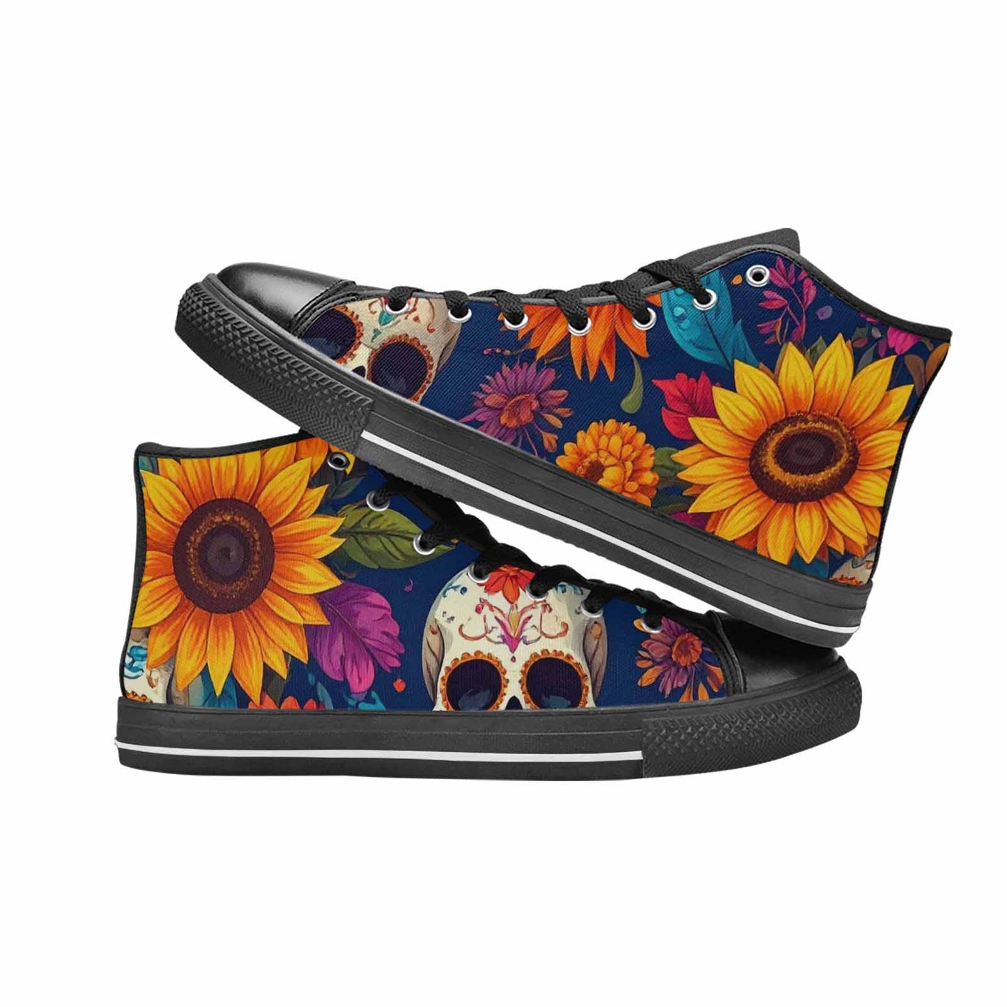 WOMEN'S Sunflower Skulls Print High Top Canvas Wallpaper Art Custom Sneakers