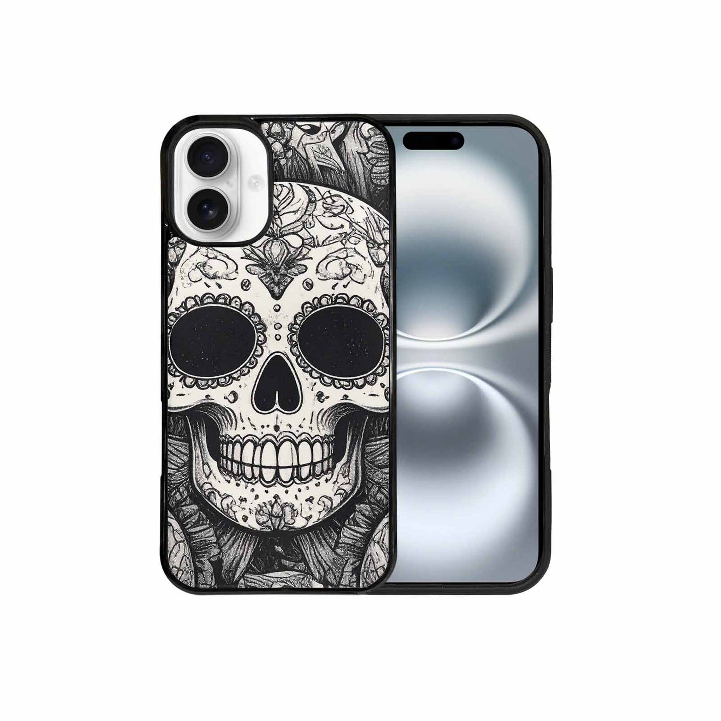 iPhone 16 Plus Case — Intricately Detailed Sugar Skulls In Black, Custom Art Phone Cover