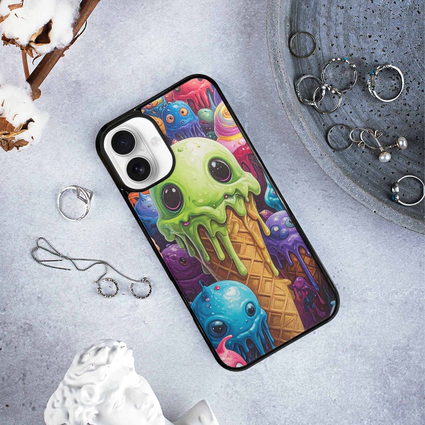 iPhone 16 Plus Case — Melting Ice Cream Monster Charac, Custom Printed Phone Case