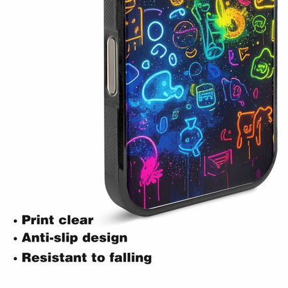 iPhone 15 Pro Max Case — Neon Glow Outline Icon Pattern Hundreds, Customized Protective Case