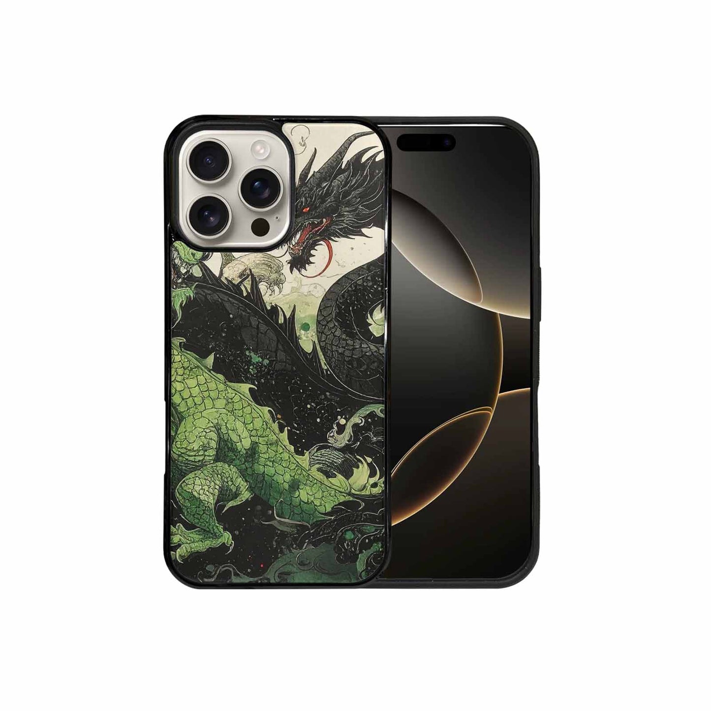 iPhone 16 Pro Max Case — Dragon Scale Black Green Ink Dragons, Unique Phone Case Design