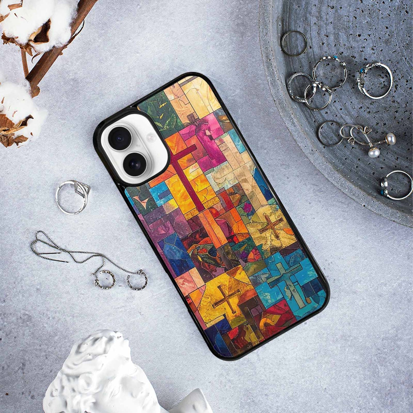 iPhone 16 Plus Case — Faith Cross And Faith Icons Pattern, Custom Phone Case