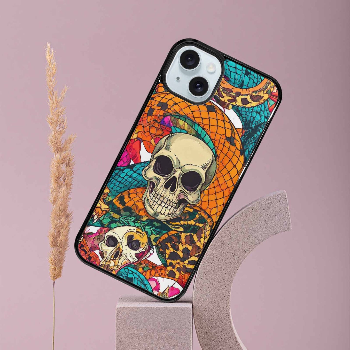 iPhone 15 Plus Case — Snake Print Skull, Original Design Phone Case