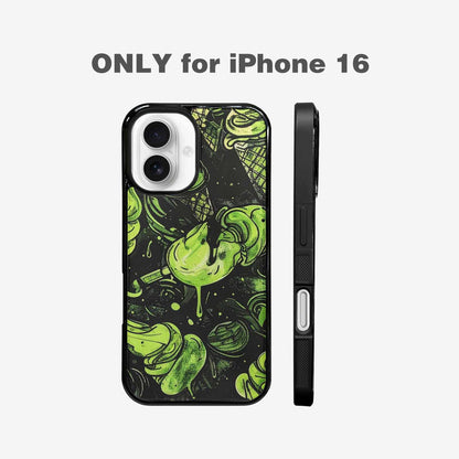 iPhone 16 Case — Ice Cream Motif Black Green Ink, Custom Printed Phone Case