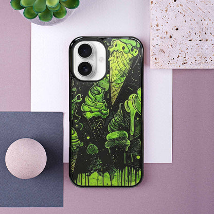 iPhone 16 Case — Ice Cream Motif Black Green Ink, Custom Art Phone Cover