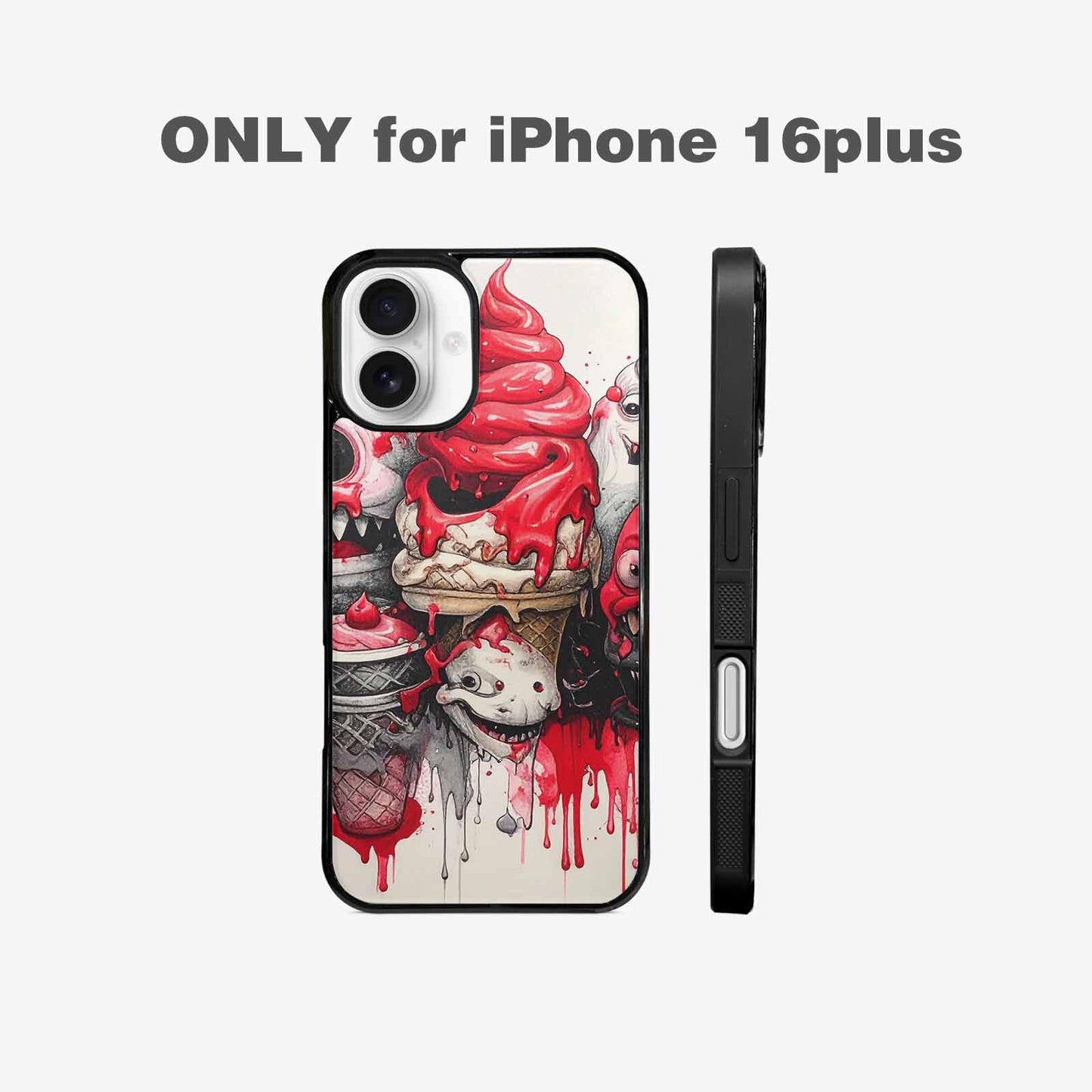 iPhone 16 Plus Case — Ice Cream Monsters Black Red Ink, Personalized Phone Case
