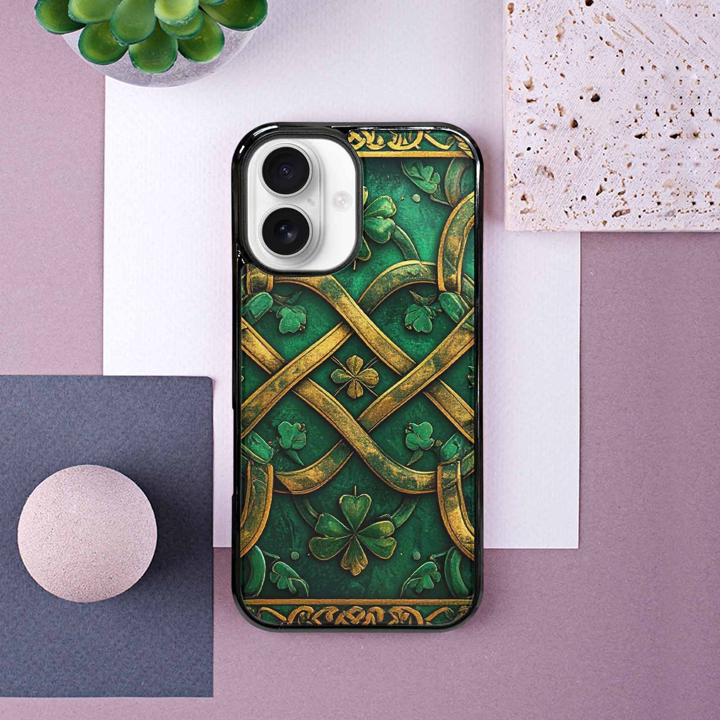iPhone 16 Case — Irish Celtic Knot Pattern Shamrocks Seamless, Custom Phone Case