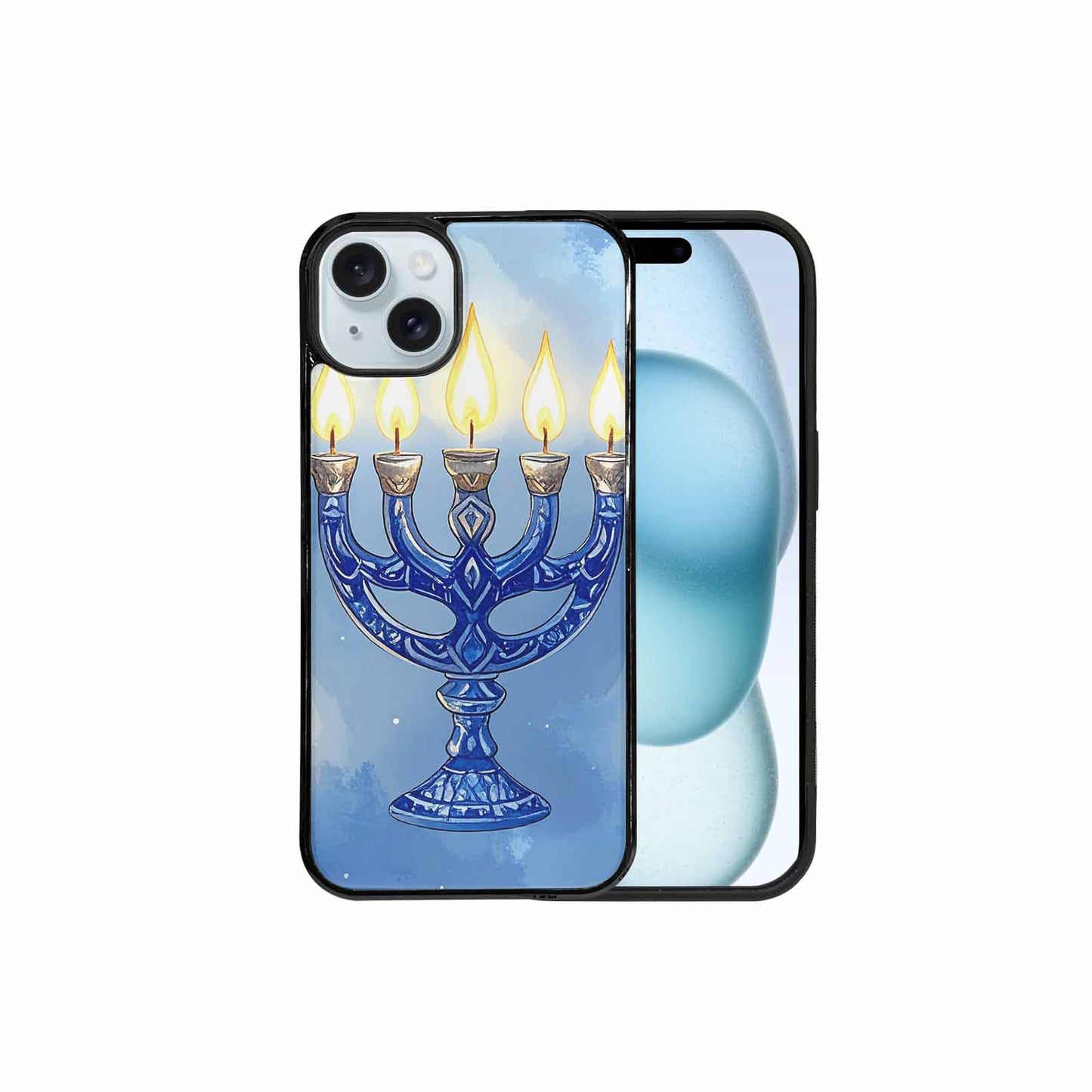 iPhone 15 Plus Case — Hanukkah Menorah Pattern Seamless Repeat Jewish, Custom Printed Phone Case