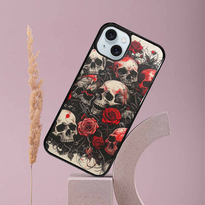iPhone 15 Plus Case — Skull And Roses Black Red Ink, Custom Phone Case