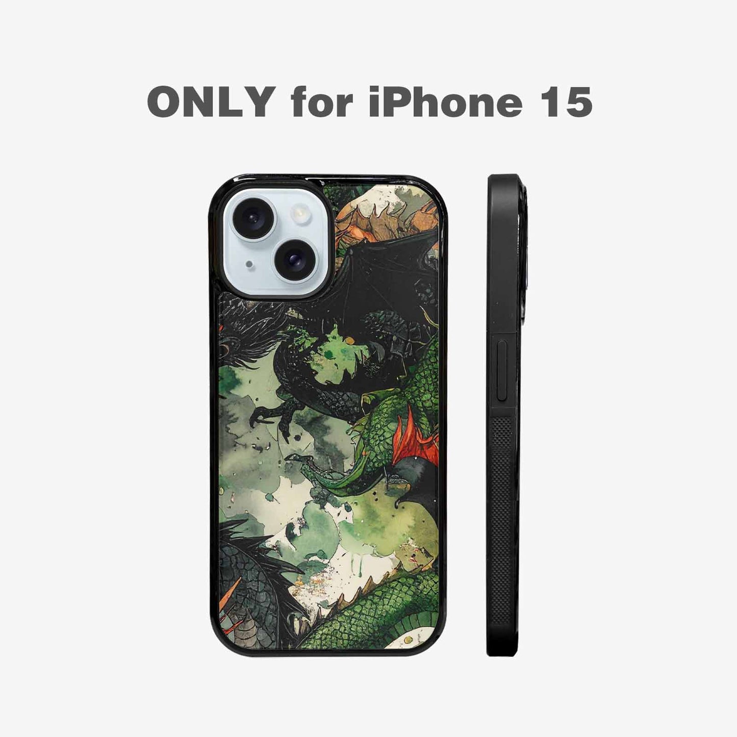 iPhone 15 Case — Dragon Scale Black Green Ink Dragons, Custom Print Case Cover