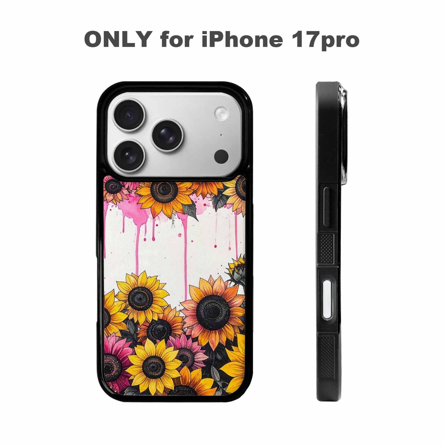 iPhone 17 Pro Case — Sunflower Burst Black Pink Ink Floral, Custom Phone Case