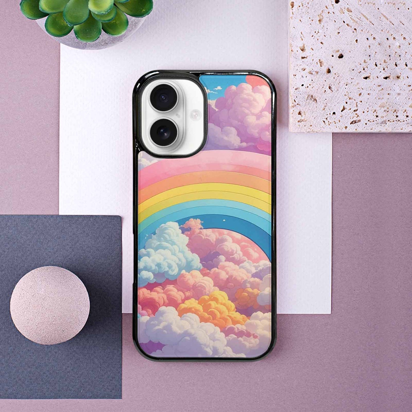 iPhone 16 Case — Cloud And Rainbow Burst Pattern Hundreds, Personalized Phone Case