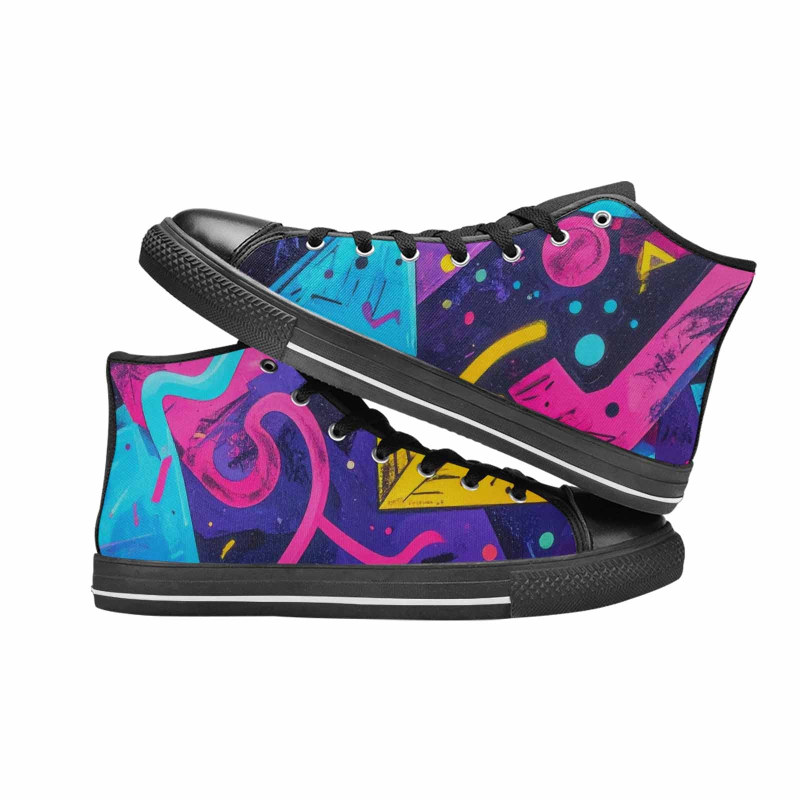 WOMEN'S Memphis Squiggles Triangles Dots High Top Canvas Wallpaper Art Custom Sneakers