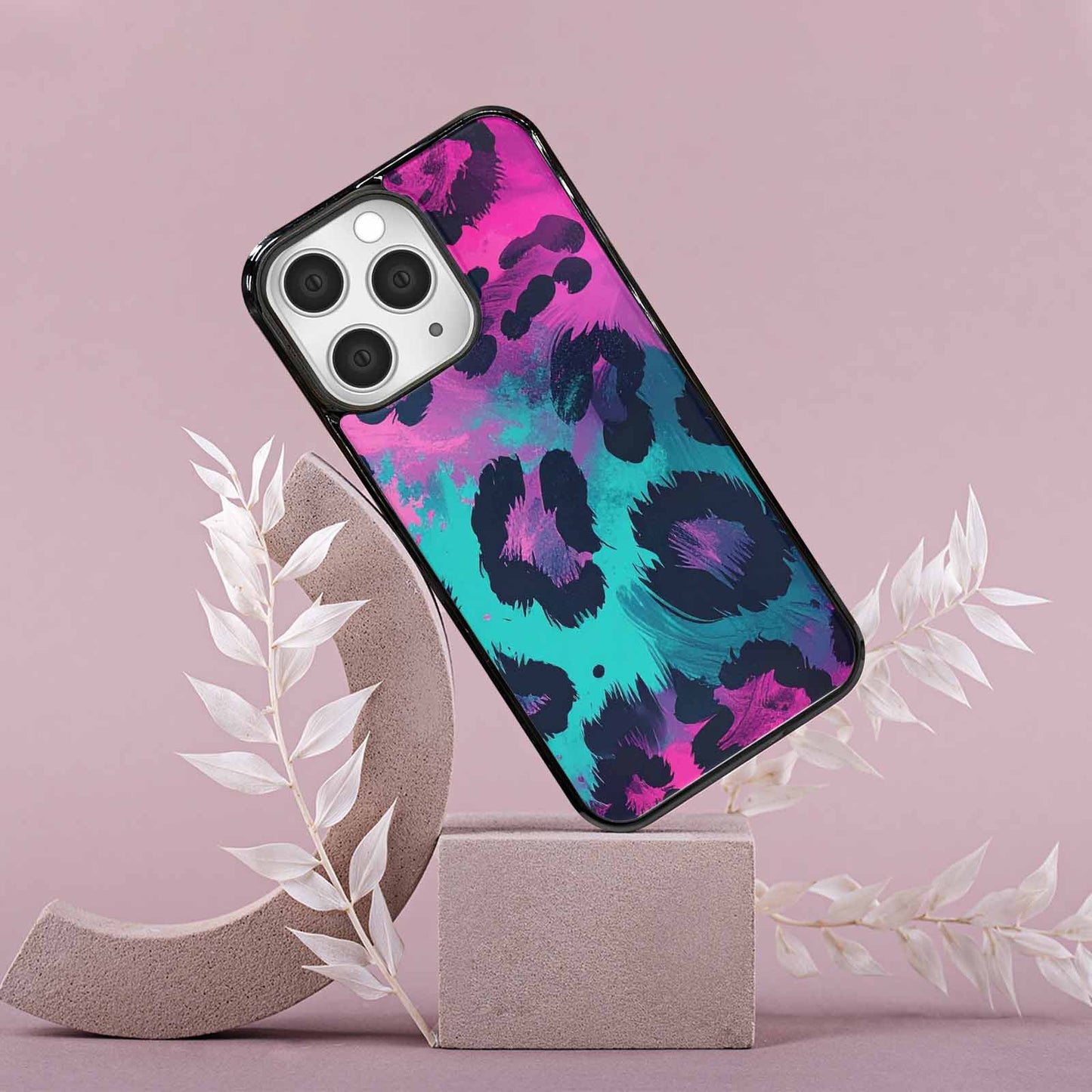 iPhone 15 Pro Max Case — Leopard Neon Pink Teal Airbrush, Original Design Phone Case