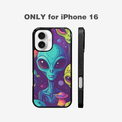 iPhone 16 Case — Alien Ufo Cartoon Art Pattern Groovy, Custom Designed Case Cover