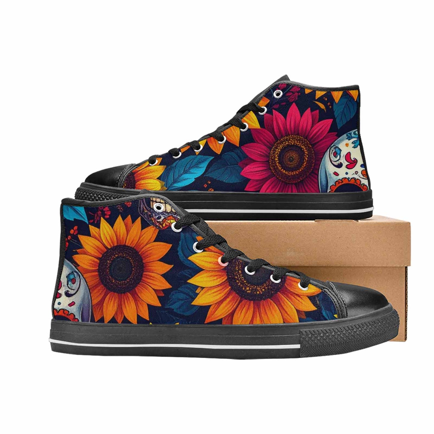 MEN'S Sunflower Skulls Print High Top Canvas Wallpaper Art Sneakers