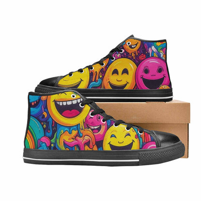 WOMEN'S Yellow Smiley Face High Top Canvas Surreal Custom Sneakers
