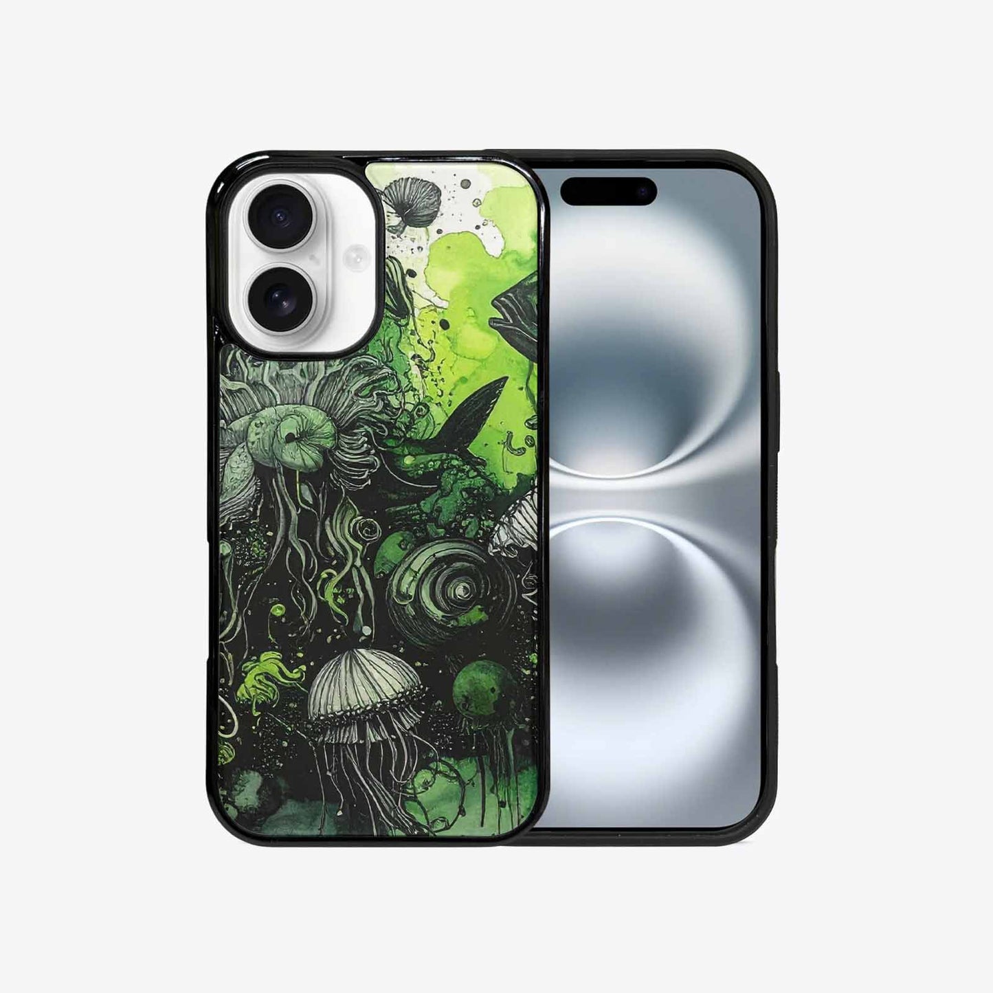iPhone 16 Case — Sea Creature Burst Black Green Ink, Custom Phone Case
