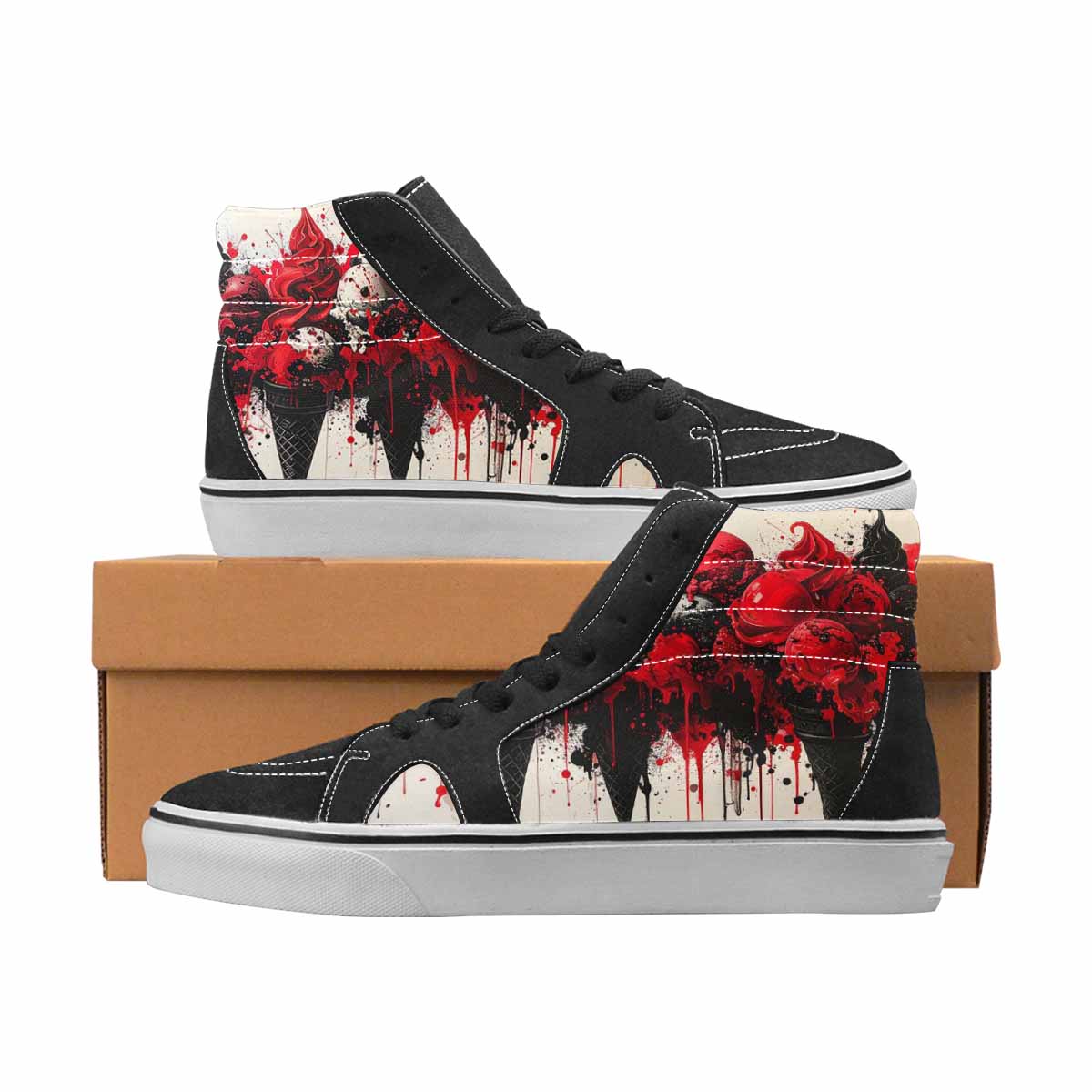 WOMEN'S Ice Cream Black & Red Ink High Top Canvas Unique Print Grunge Original Art Sneakers