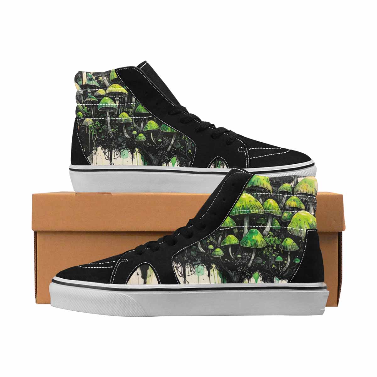 MEN'S Mushrooms Black & Green Ink High Top Canvas Personalized Melting Art Custom Canvas Shoes