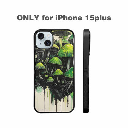 iPhone 15 Plus Case — Rainbow Drip Mushrooms Black Green Ink, Unique Phone Case Design
