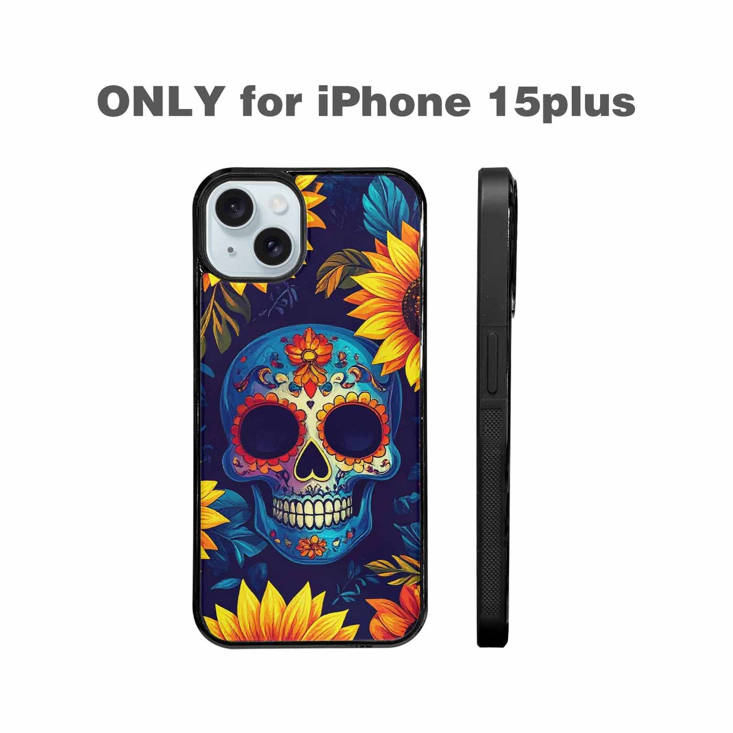 iPhone 15 Plus Case — Sunflower Skulls Print, Original Design Phone Case