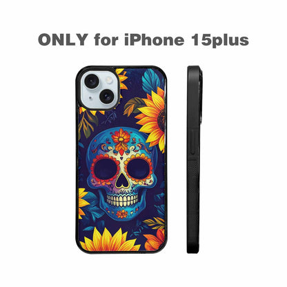 iPhone 15 Plus Case — Sunflower Skulls Print, Original Design Phone Case