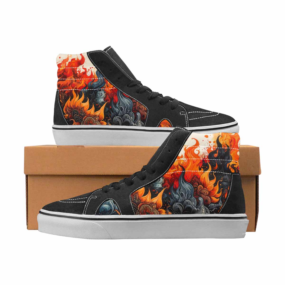 WOMEN'S Flames Black & Red Ink High Top Canvas Original Design Aesthetic All Over Print Shoes