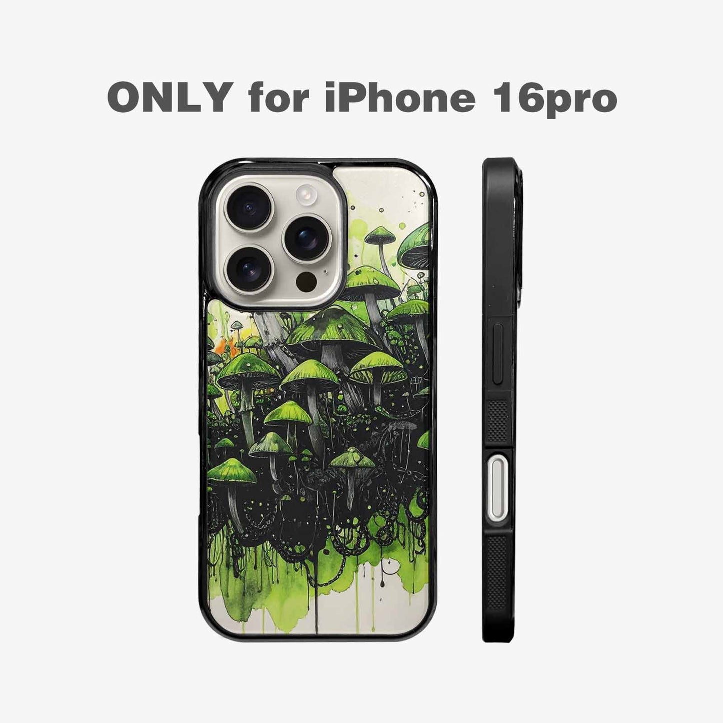 iPhone 16 Pro Case — Rainbow Drip Mushrooms Black Green Ink, Custom Phone Case