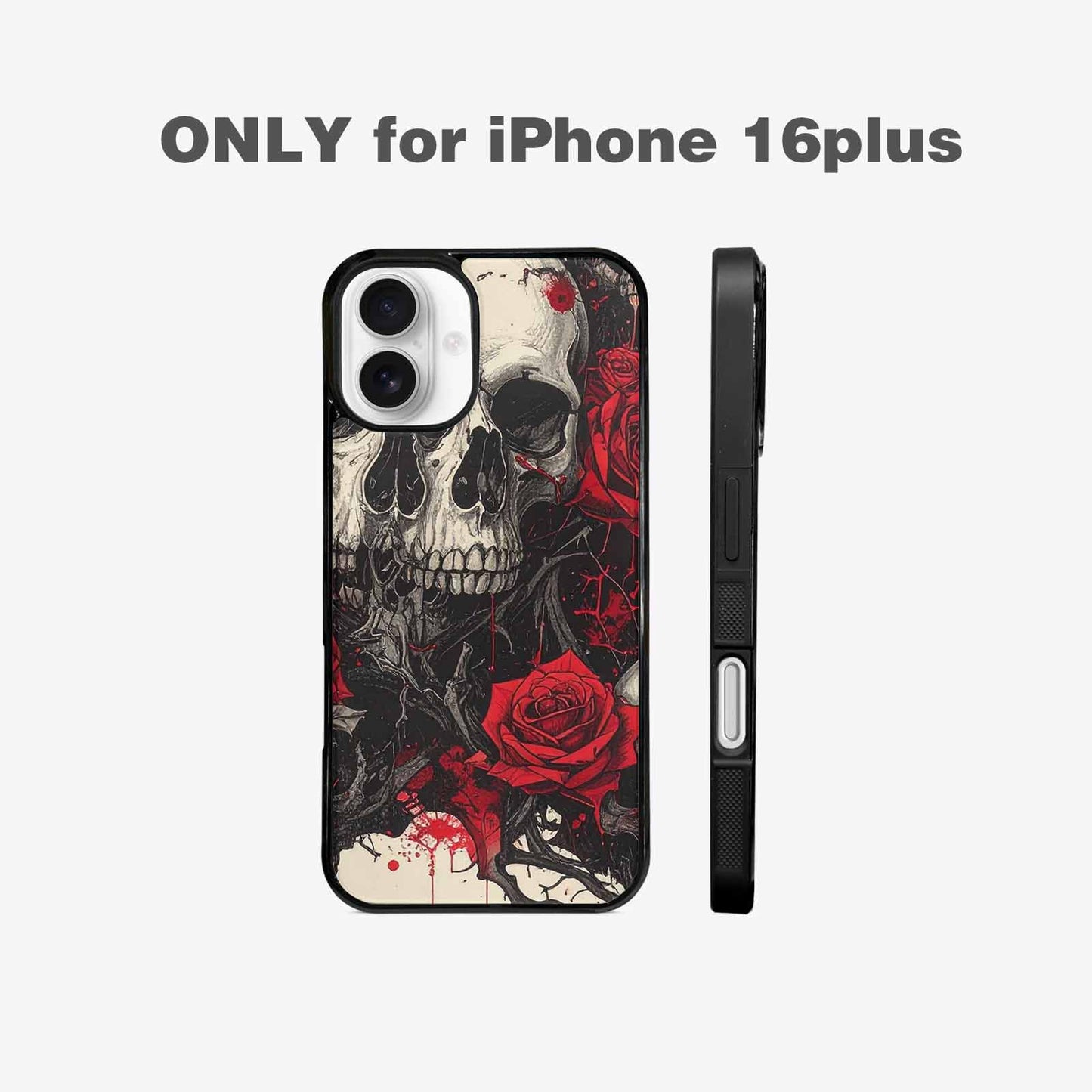 iPhone 16 Plus Case — Skull And Roses Black Red Ink, Custom Print Case Cover