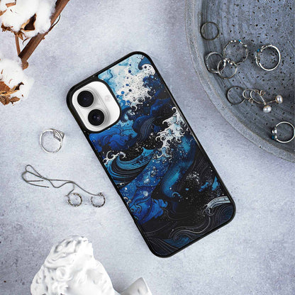 iPhone 16 Plus Case — Nautical Wave Black Blue Ink Wave, Custom Phone Case