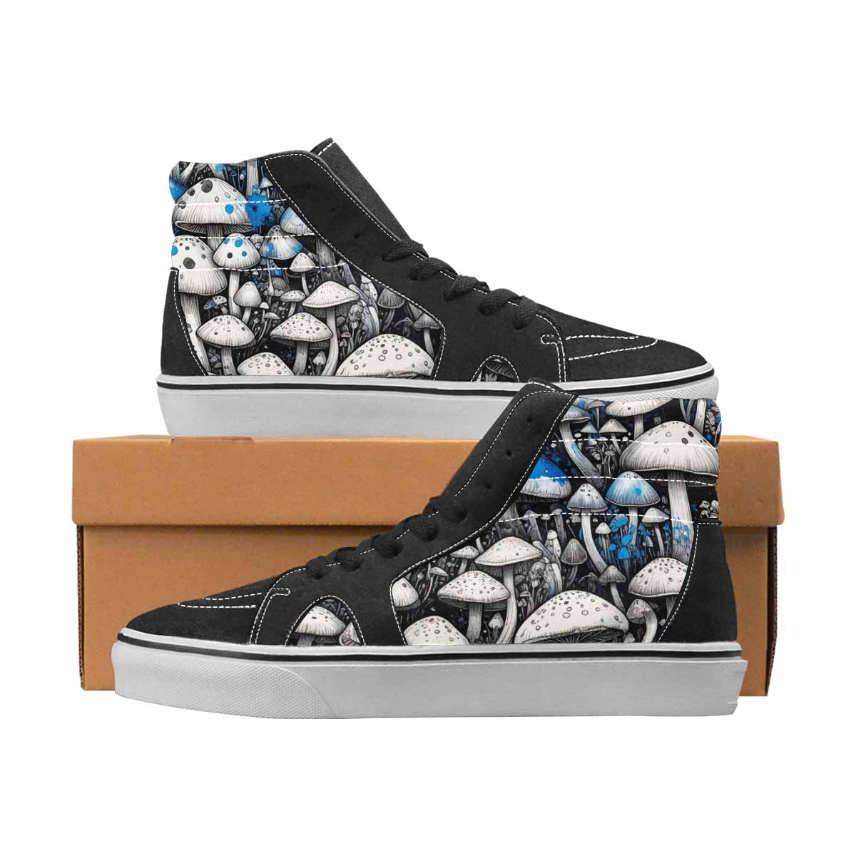 WOMEN'S Mushrooms Black & Blue Ink High Top Canvas Wearable Art Vivid Custom Sneakers