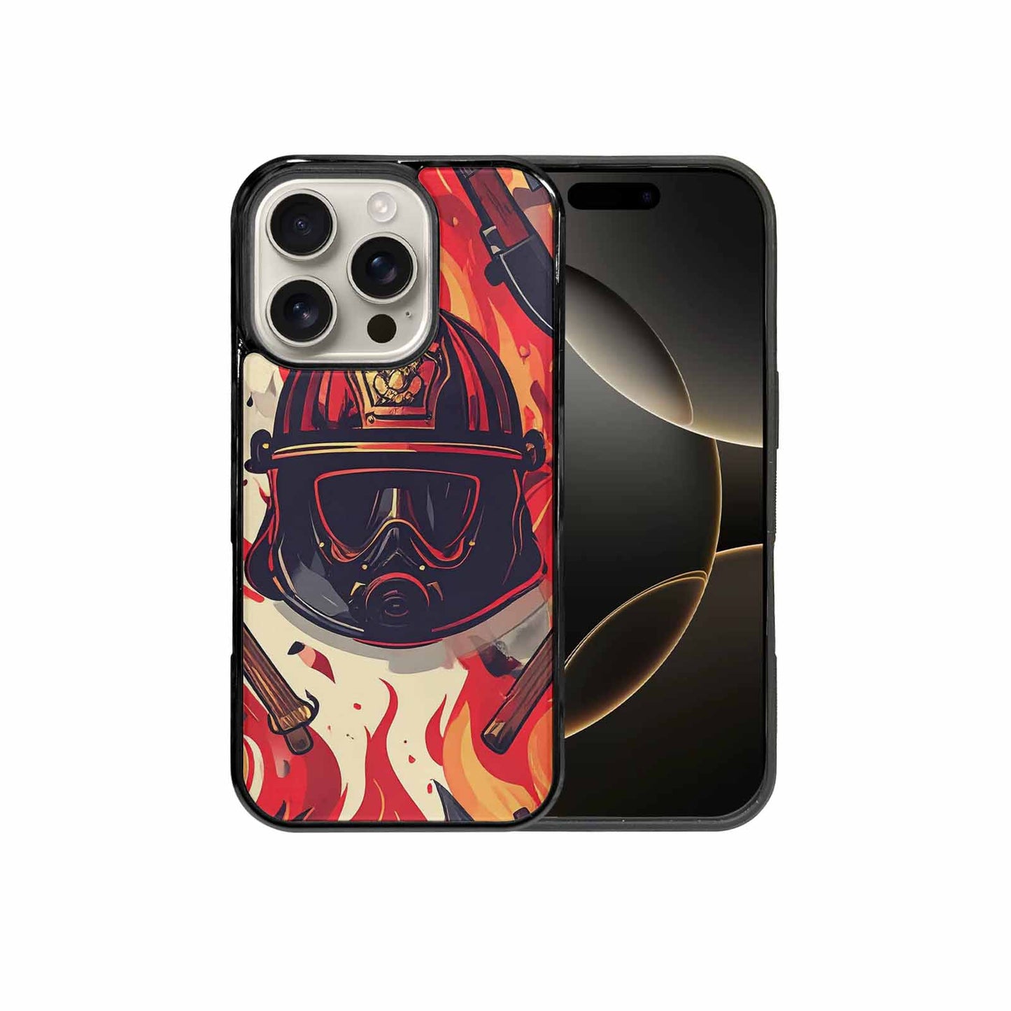 iPhone 16 Pro Case — Firefighter Pattern Flames Axes Helmets Seamless, Customized Protective Case