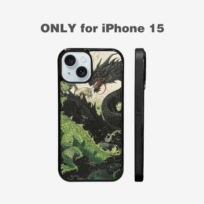 iPhone 15 Case — Dragon Scale Black Green Ink Dragons, Custom Designed Case Cover