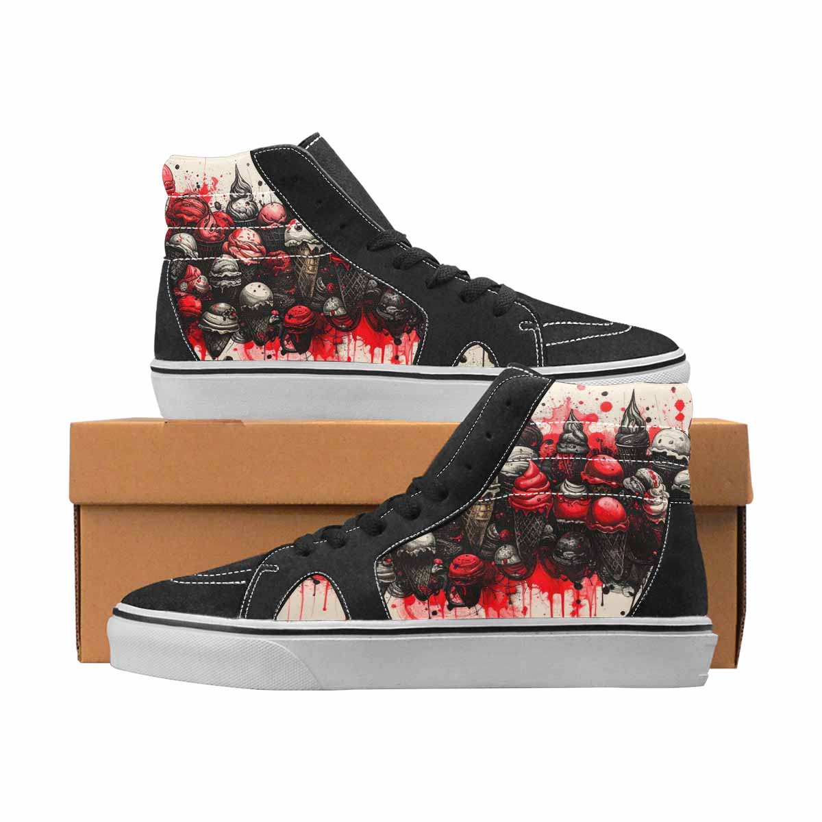 WOMEN'S Ice Cream Black & Red Ink High Top Canvas Wearable Art Grunge Custom Art Shoes
