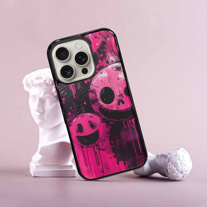 iPhone 16 Pro Case — Melting Moon Smiley Black Pink Ink, Custom Printed Phone Case