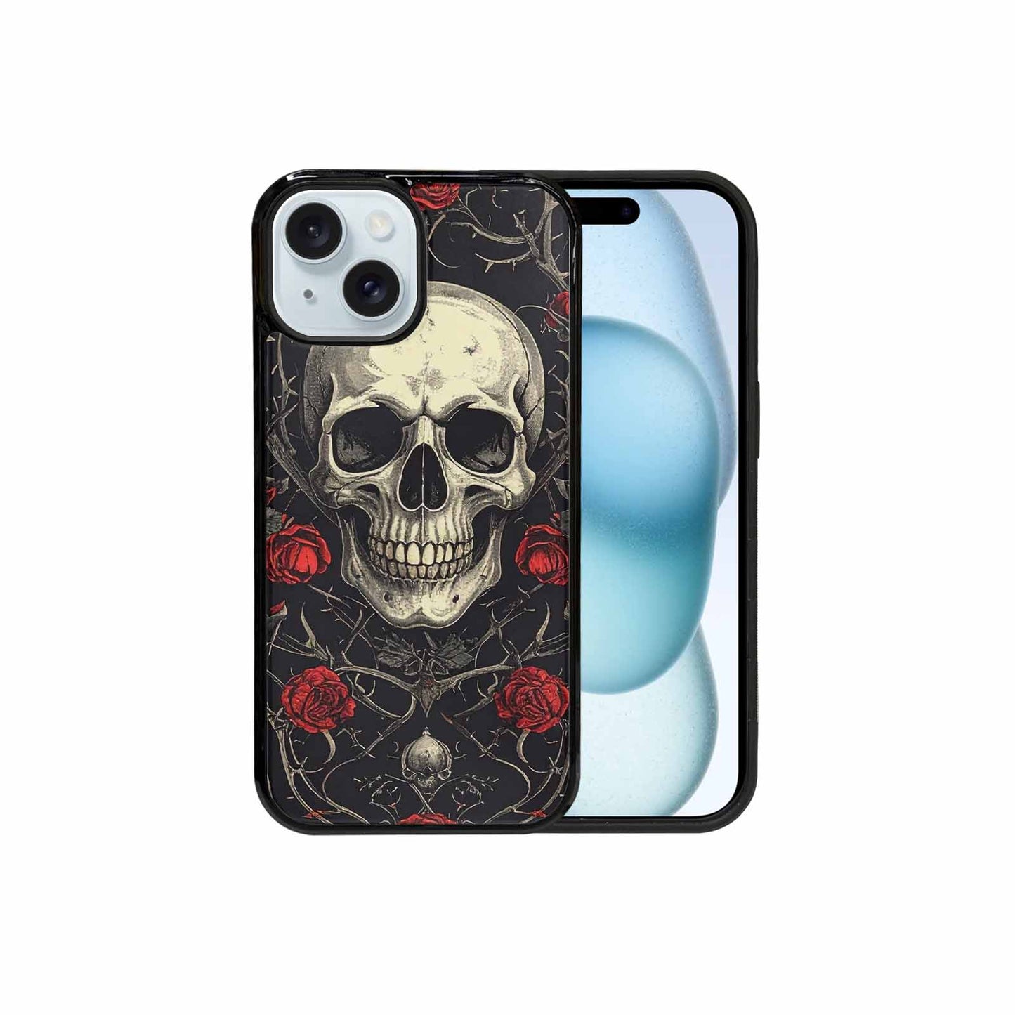 iPhone 15 Case — Gothic Skulls Roses Custom, Custom Printed Phone Case