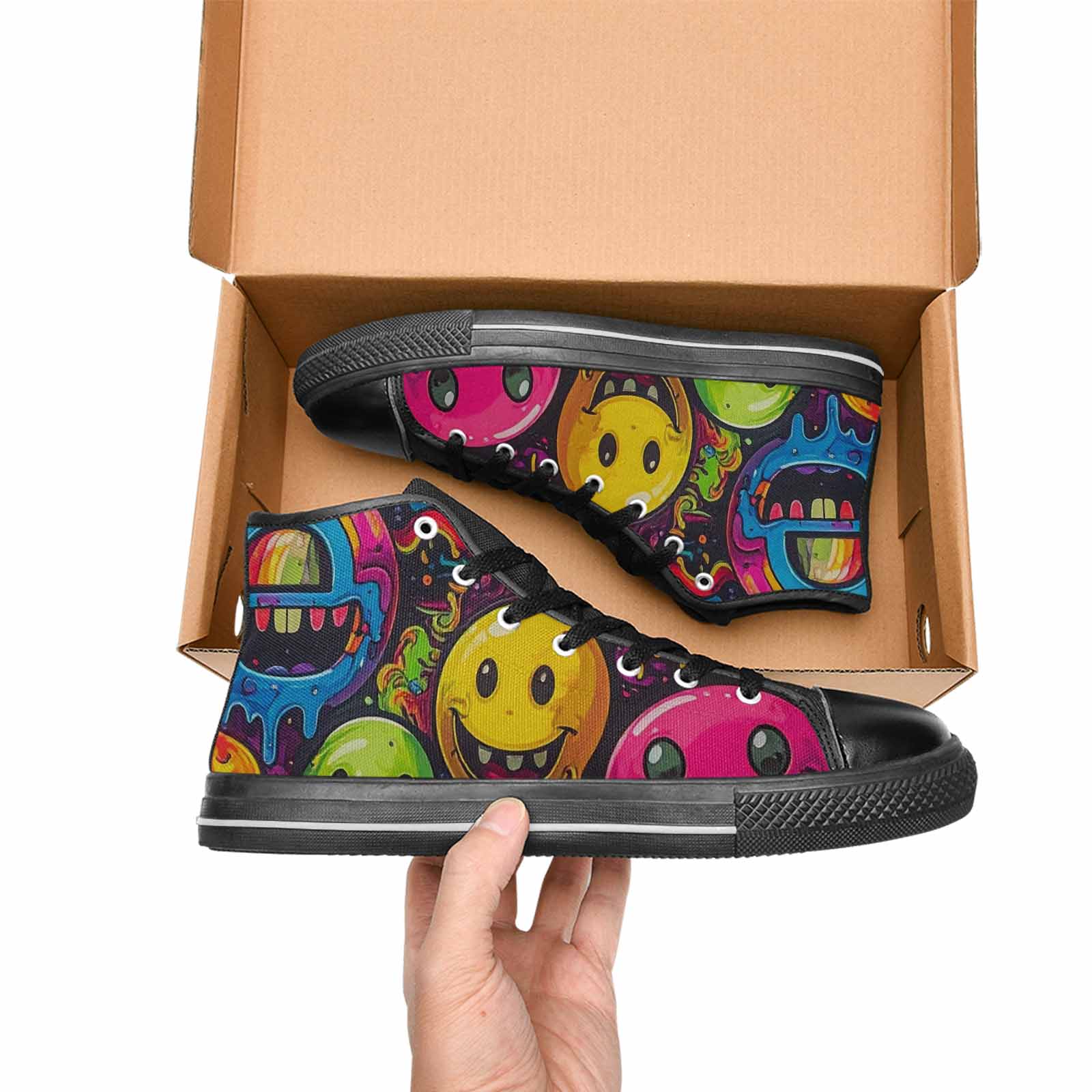 MEN'S Yellow Smiley Face High Top Canvas Neon Fantasy Custom Sneakers