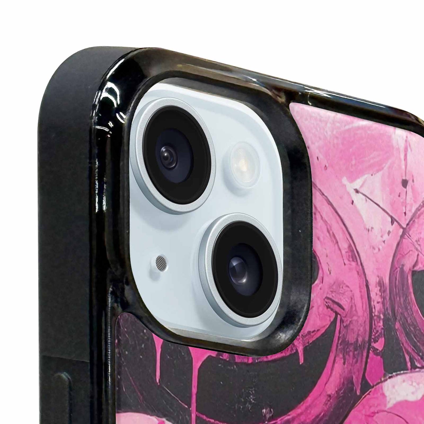 iPhone 15 Case — Melting Moon Smiley Black Pink Ink, Unique Phone Case Design
