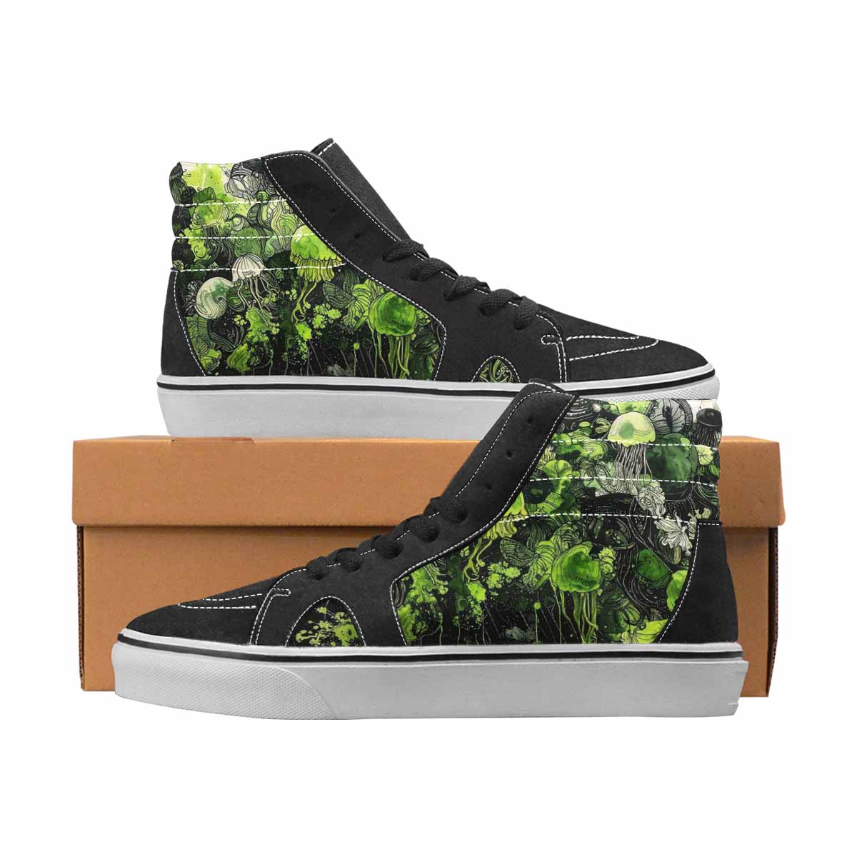 WOMEN'S Sea Creatures Black & Green Ink High Top Canvas Statement Vivid Custom Sneakers