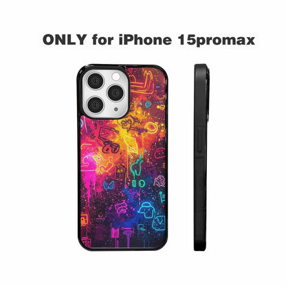 iPhone 15 Pro Max Case — Neon Glow Outline Icon Pattern Hundreds, Original Design Phone Case
