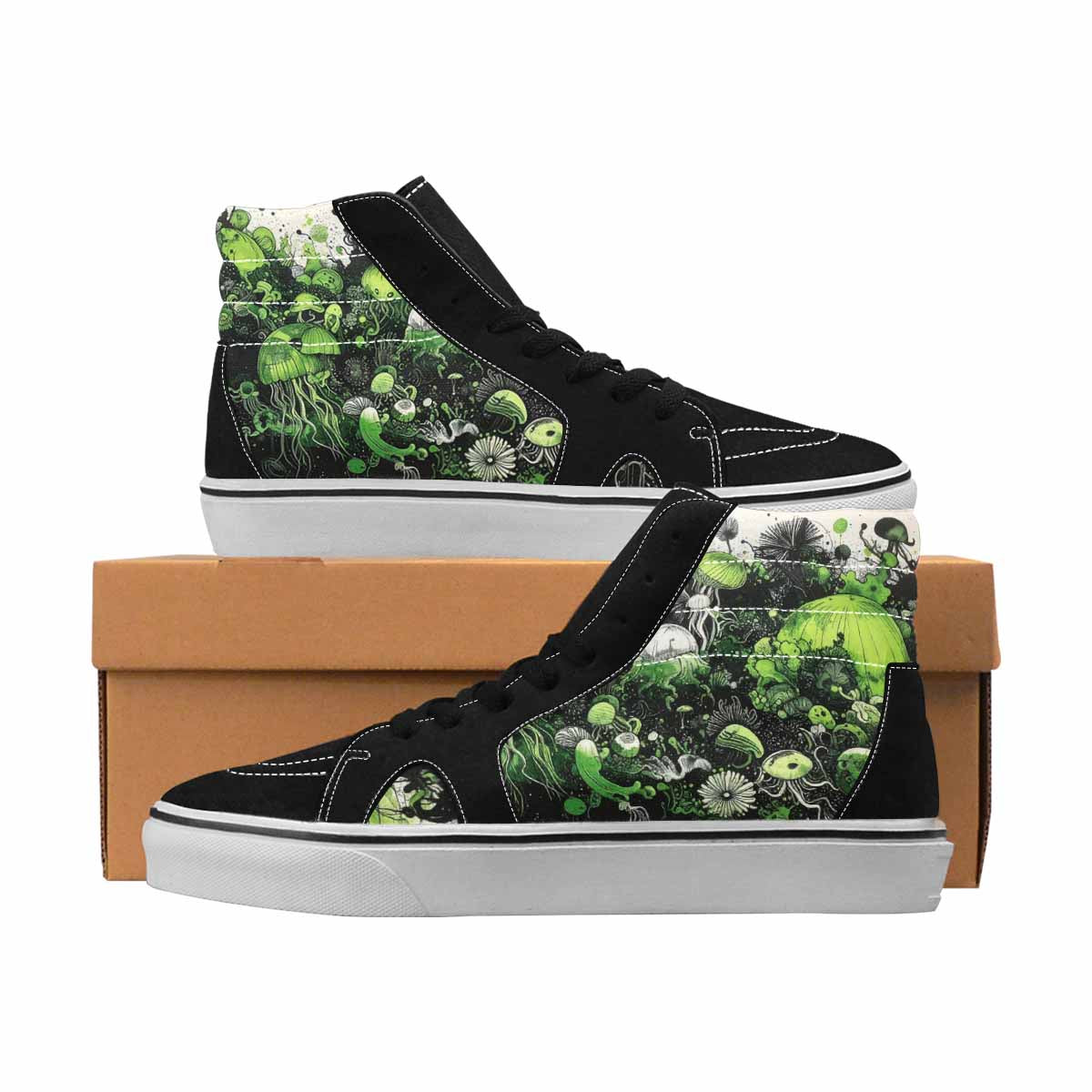 MEN'S Sea Creatures Black & Green Ink High Top Canvas Artist-designed Dark Academia Custom Canvas Shoes