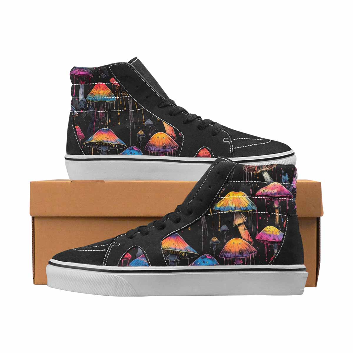 WOMEN'S Mushrooms Black & Pink Ink High Top Canvas Boutique Aesthetic Custom Printed Shoes