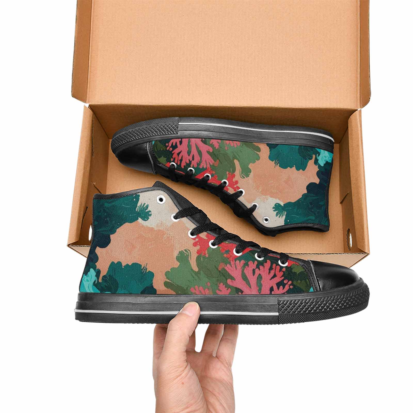 WOMEN'S Camo Coral Turquoise High Top Canvas Grunge Sneakers