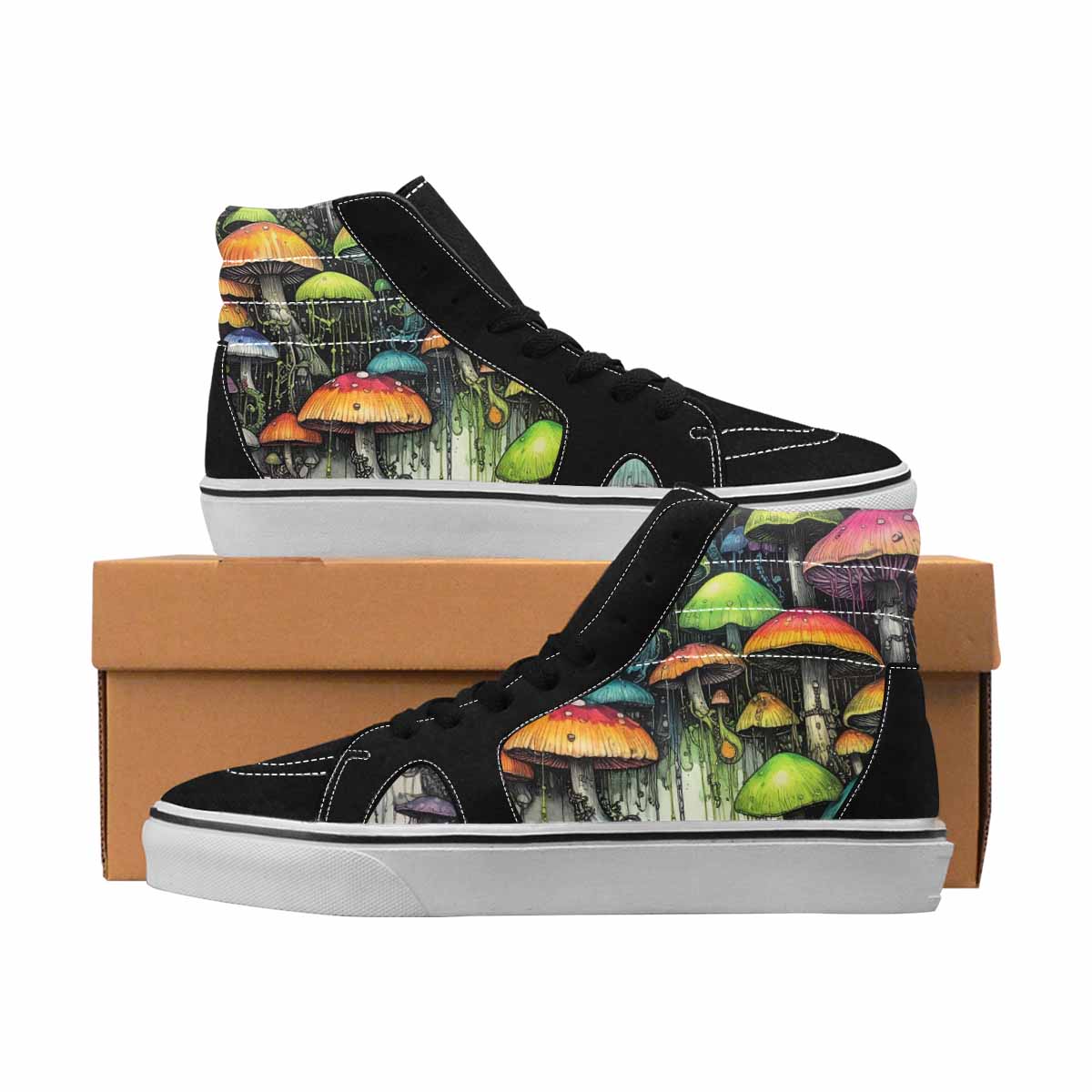 MEN'S Mushrooms Black & Green Ink High Top Canvas Personalized Melting Art Customized Sneakers