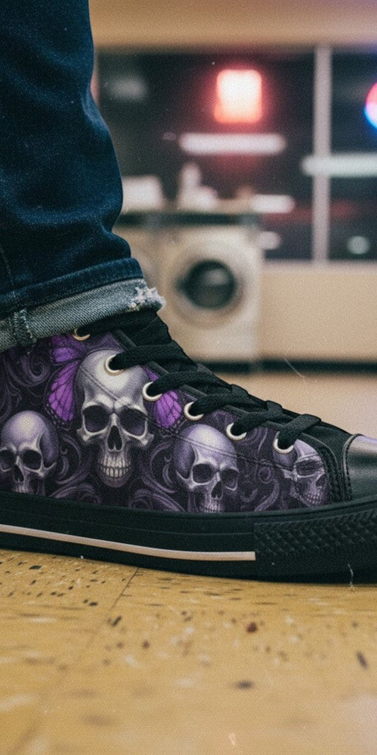 Gothic Purple Butterfly Skull Art | Men's High Top Canvas | Freaky Shoes®