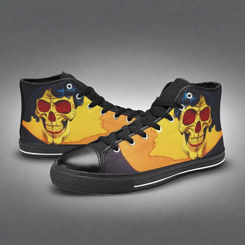 Women's Retro Skull Art hand-made high-top canvas shoes — unique wearable art by Freaky Shoes